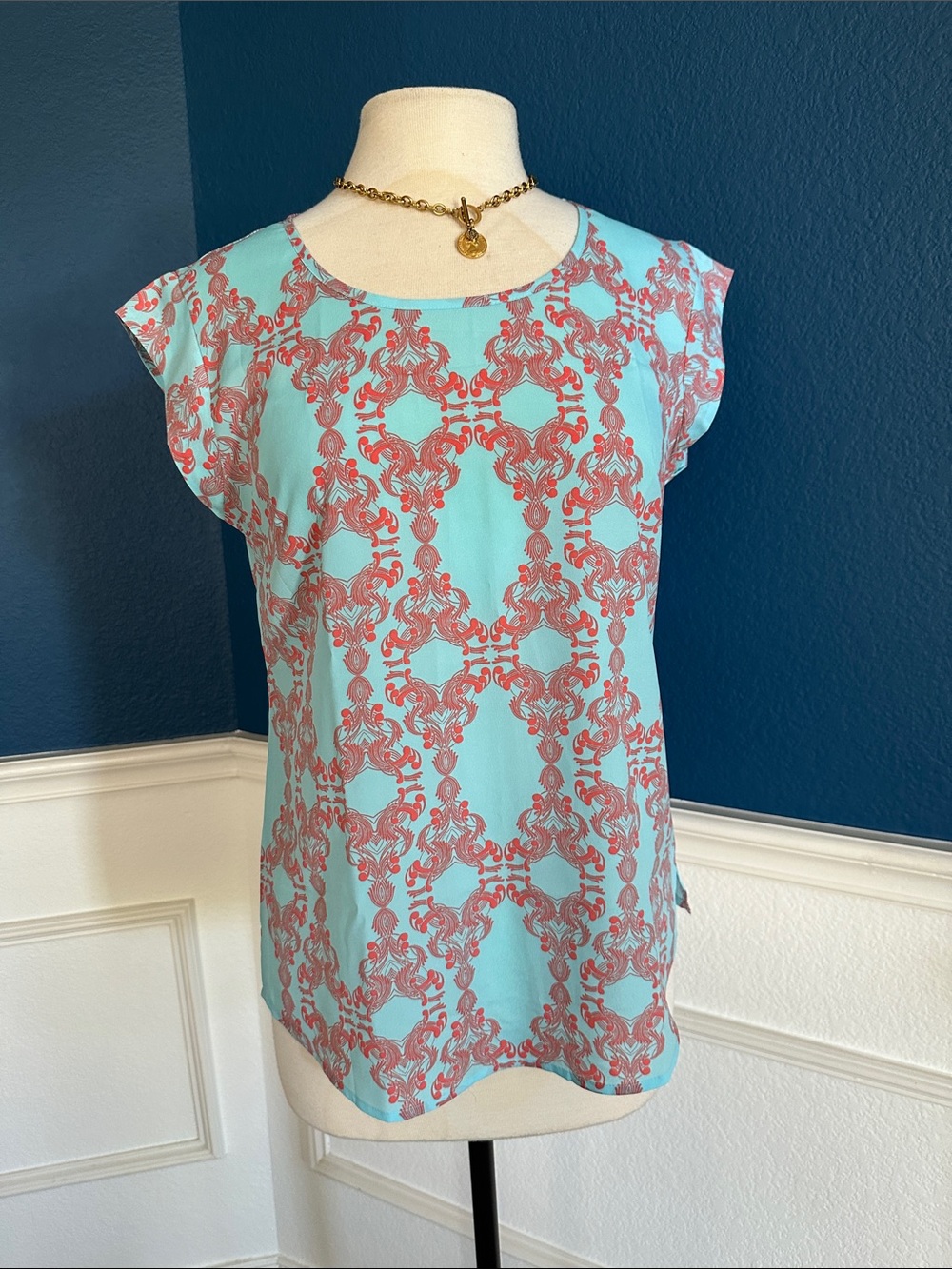 The Limited Aqua and Coral Printed Cap Sleeve Blouse